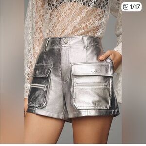 NWT New Size 2 Anthropologie Faux Leather Metallic Cargo Pocket Shorts Silver